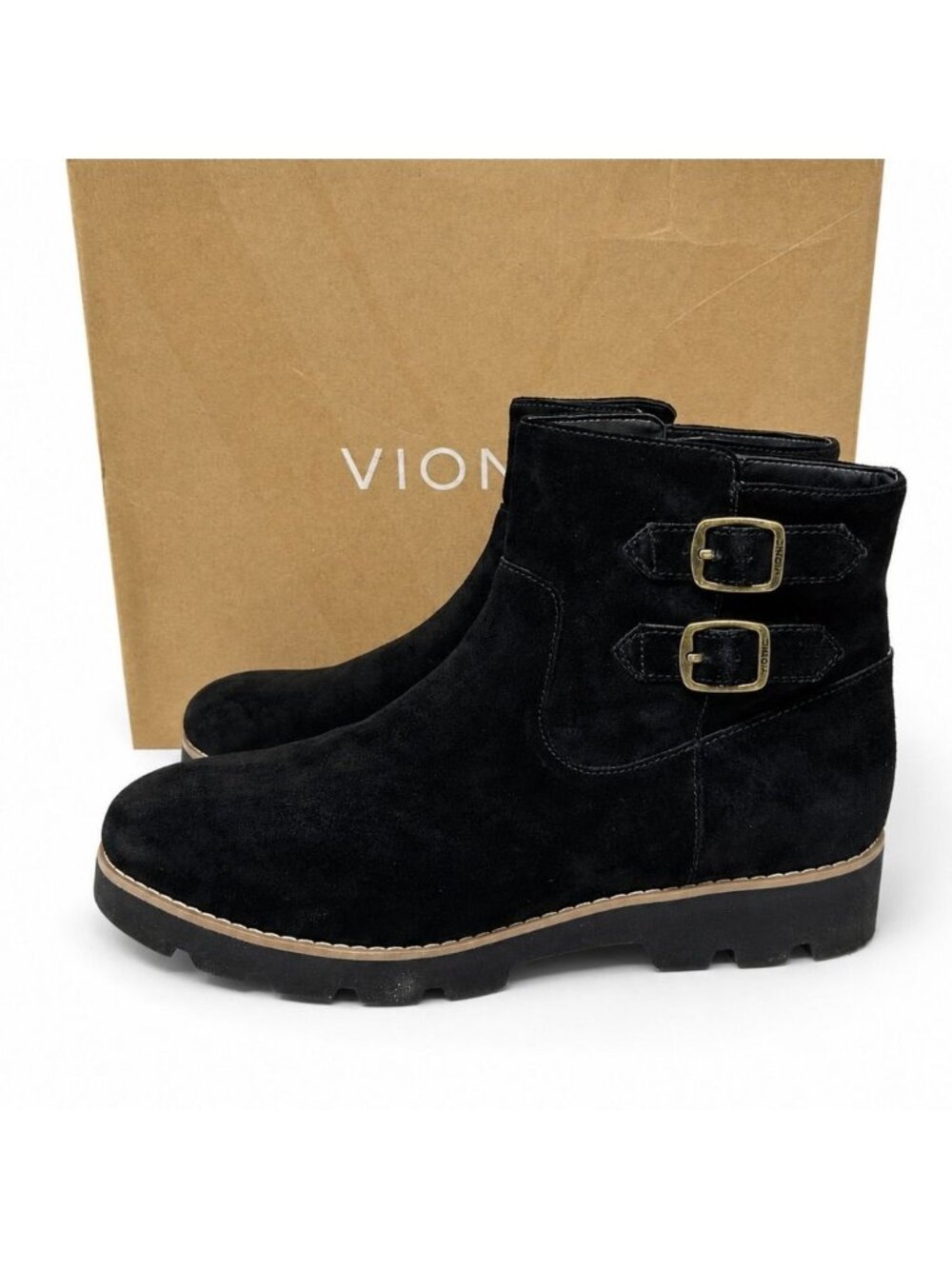 Vionic Carissa Supportive Black Suede Ankle Boots Lug Sole Buckle Womens 9 Wide